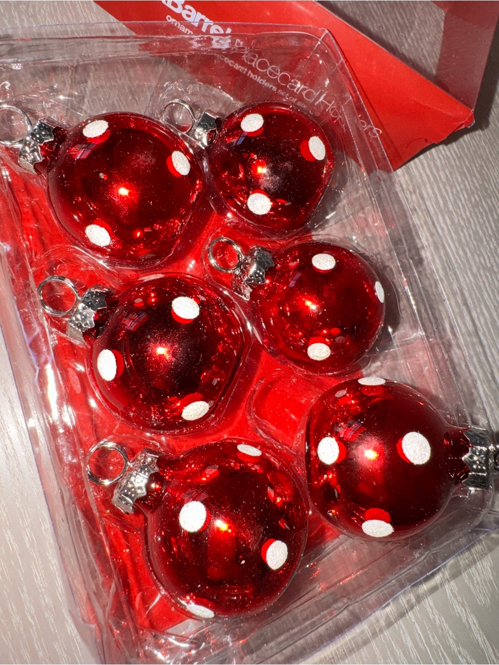 CRATE & BARREL ORNAMENT PLACECARD HOLDERS - red polkadot ornaments- set of 6
